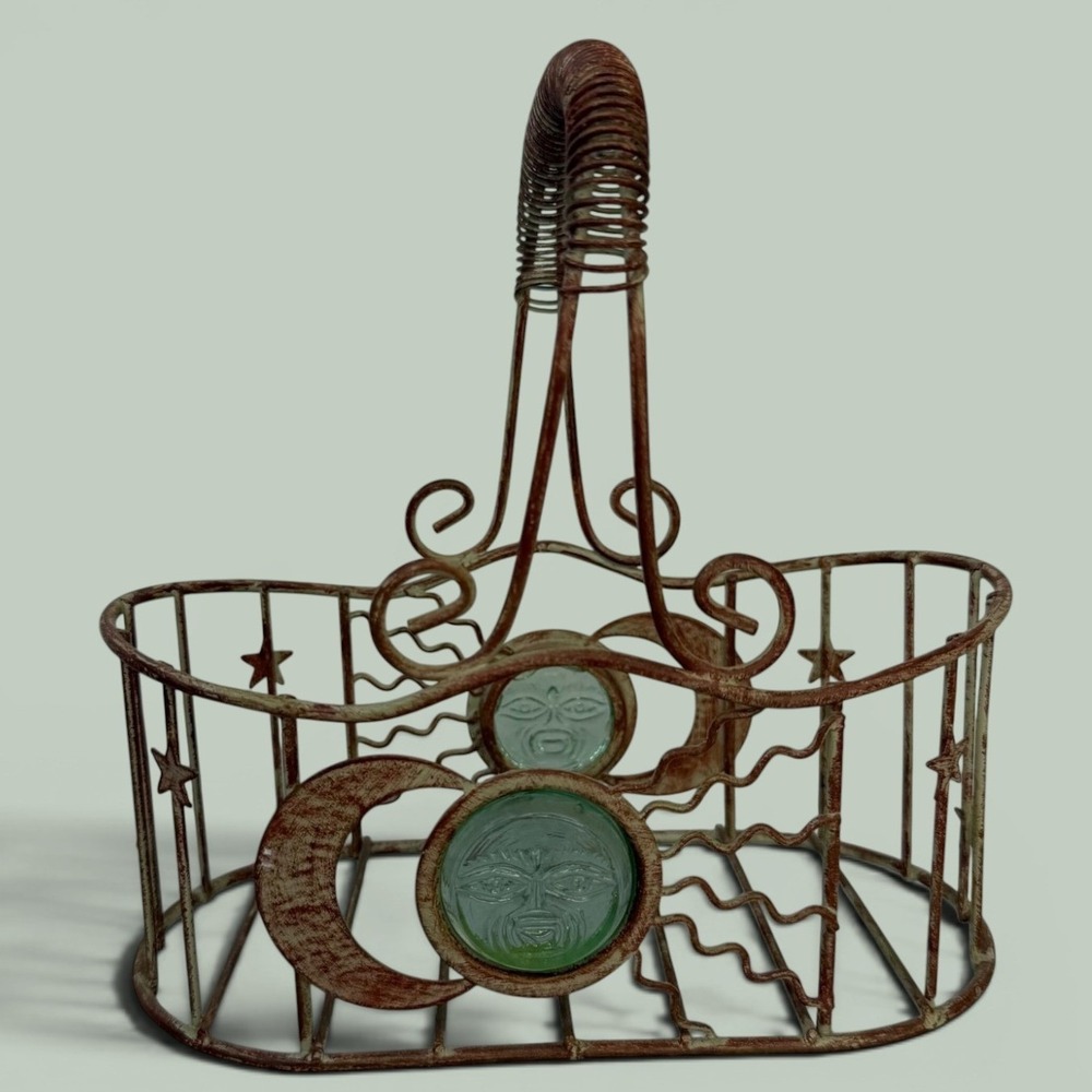 Vintage Celestial Wire Basket Sun Moon Stars Green Glass Sun Face Rustic Metal